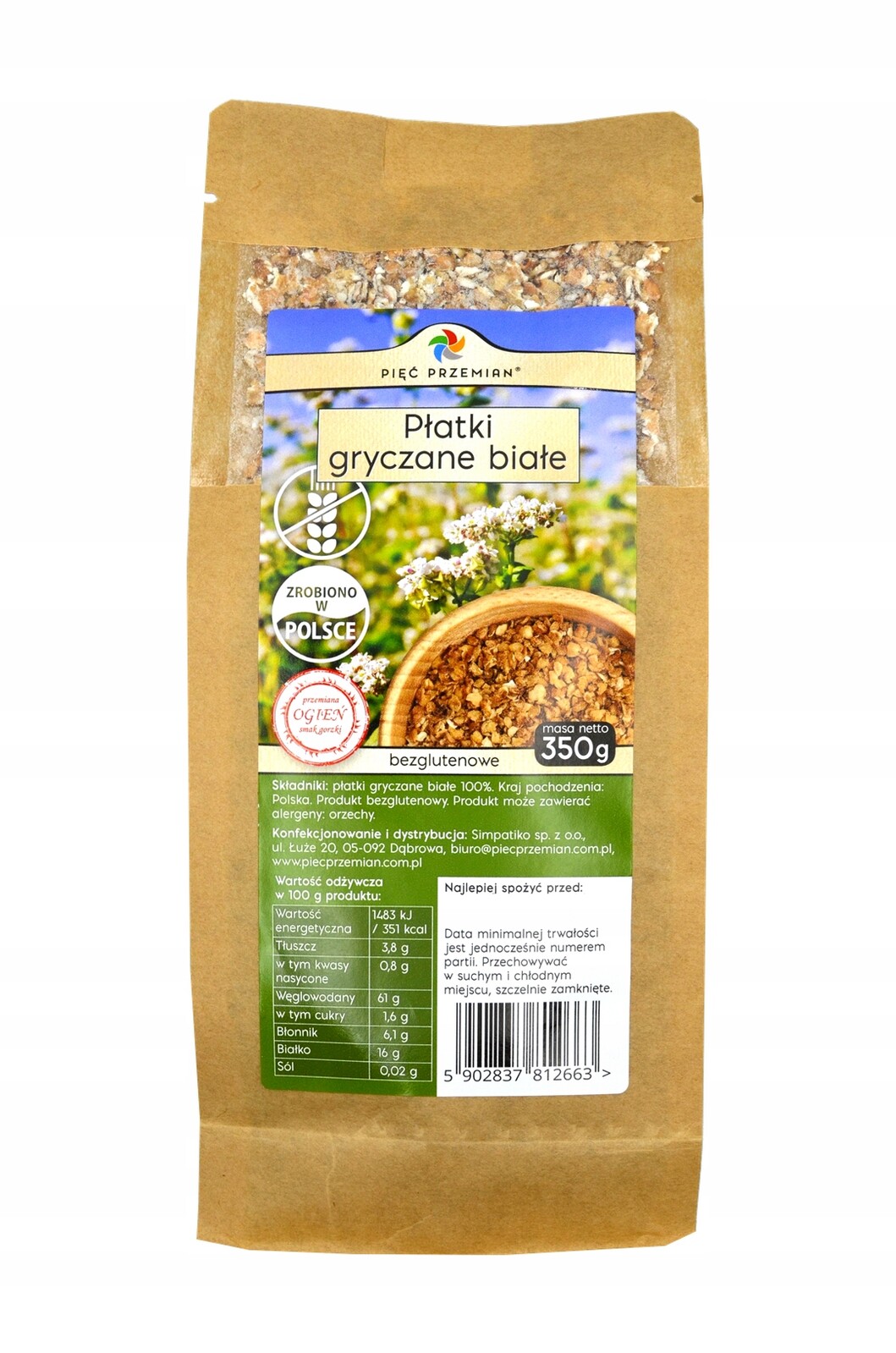 Bílé pohankové vločky 350 g – Pięć Przemian