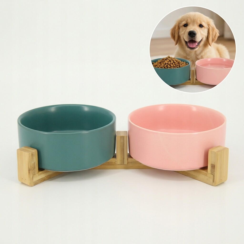 Dvojitá keramická miska zelená růžová na stojanu 2x400 ml