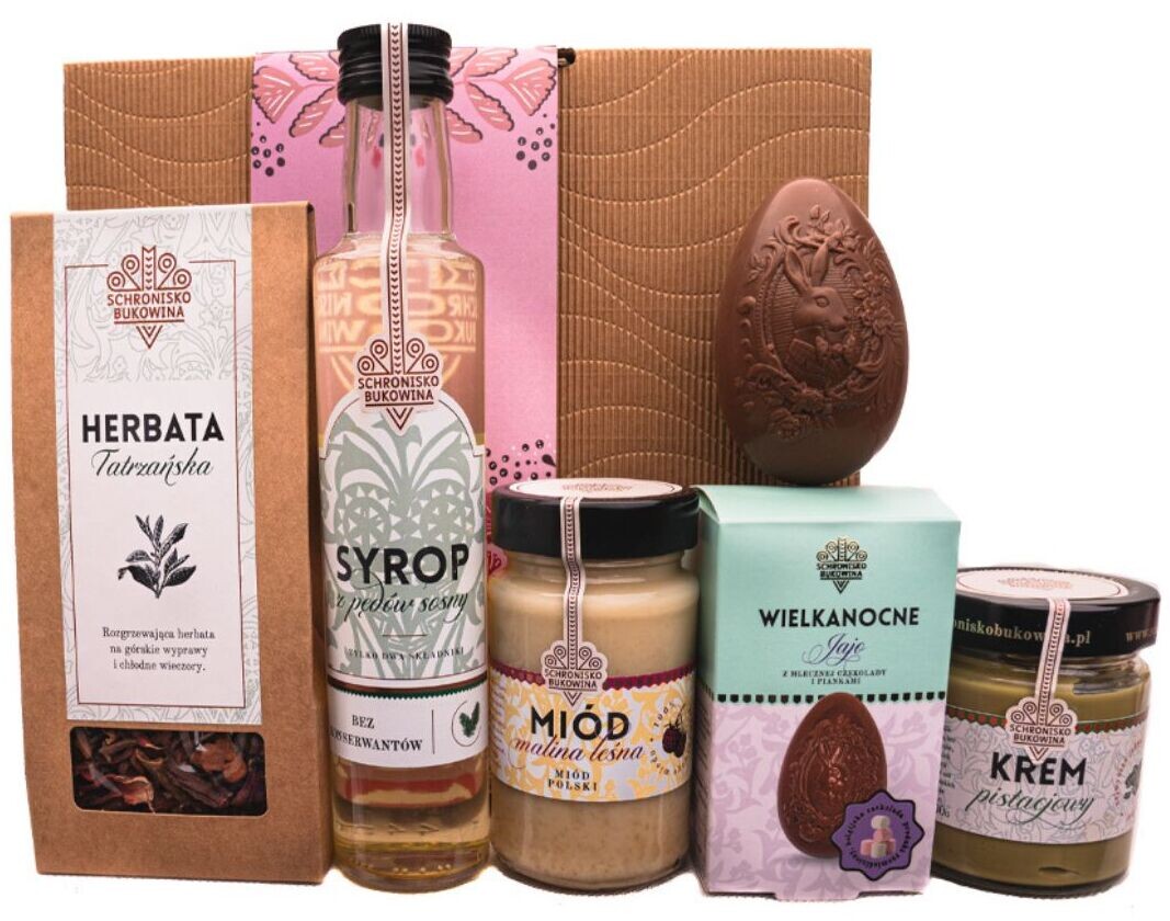 Dárková sada Schronisko Bukowina vajíčko čokoládový čaj med sirup