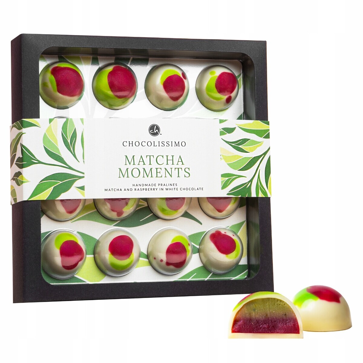 Dárek na Velikonoce 16 pralinek Matcha malina z Belgické Čokolády 176 g