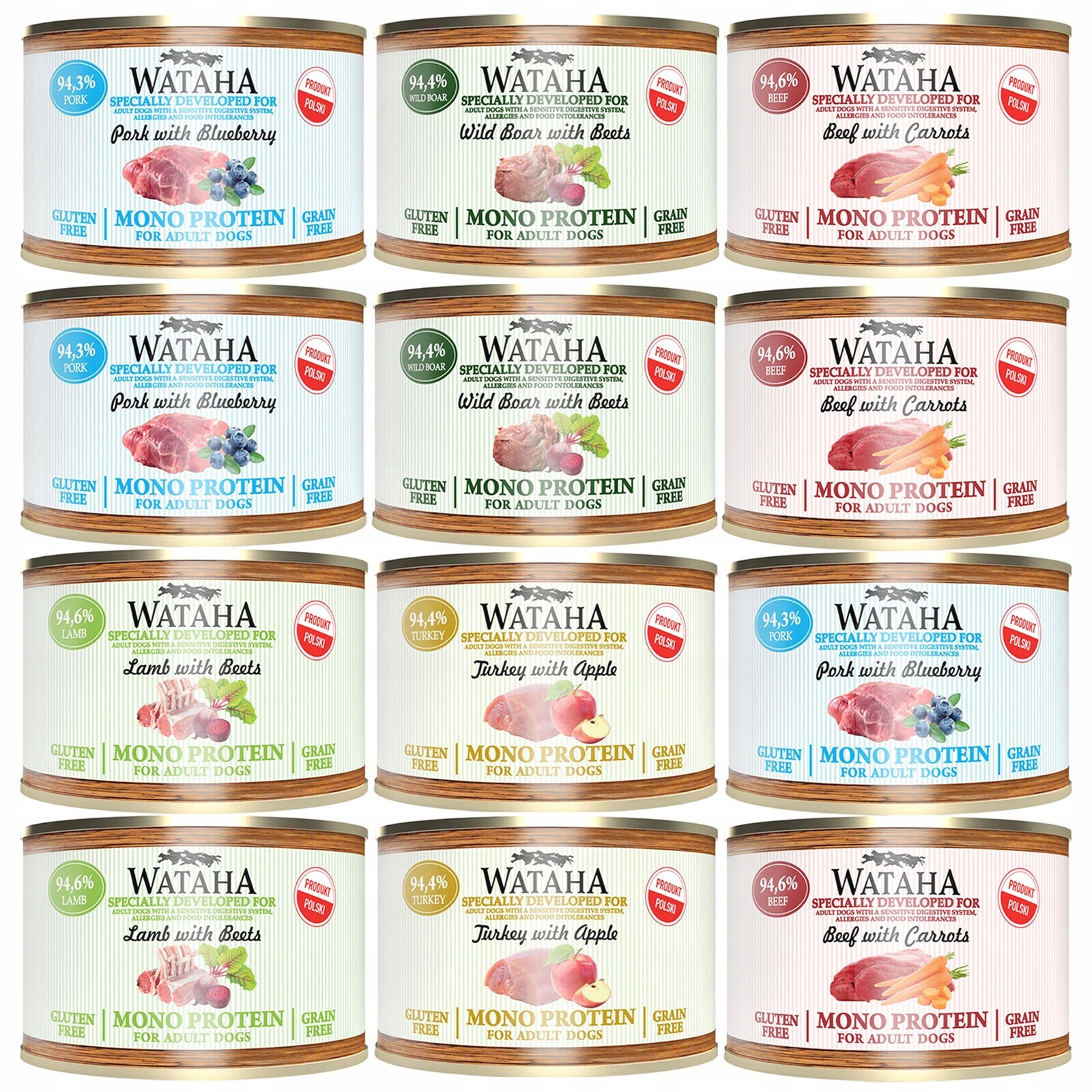 Wataha Mono Protein Adult krmivo pro psy mix chutí 12 x 185 g