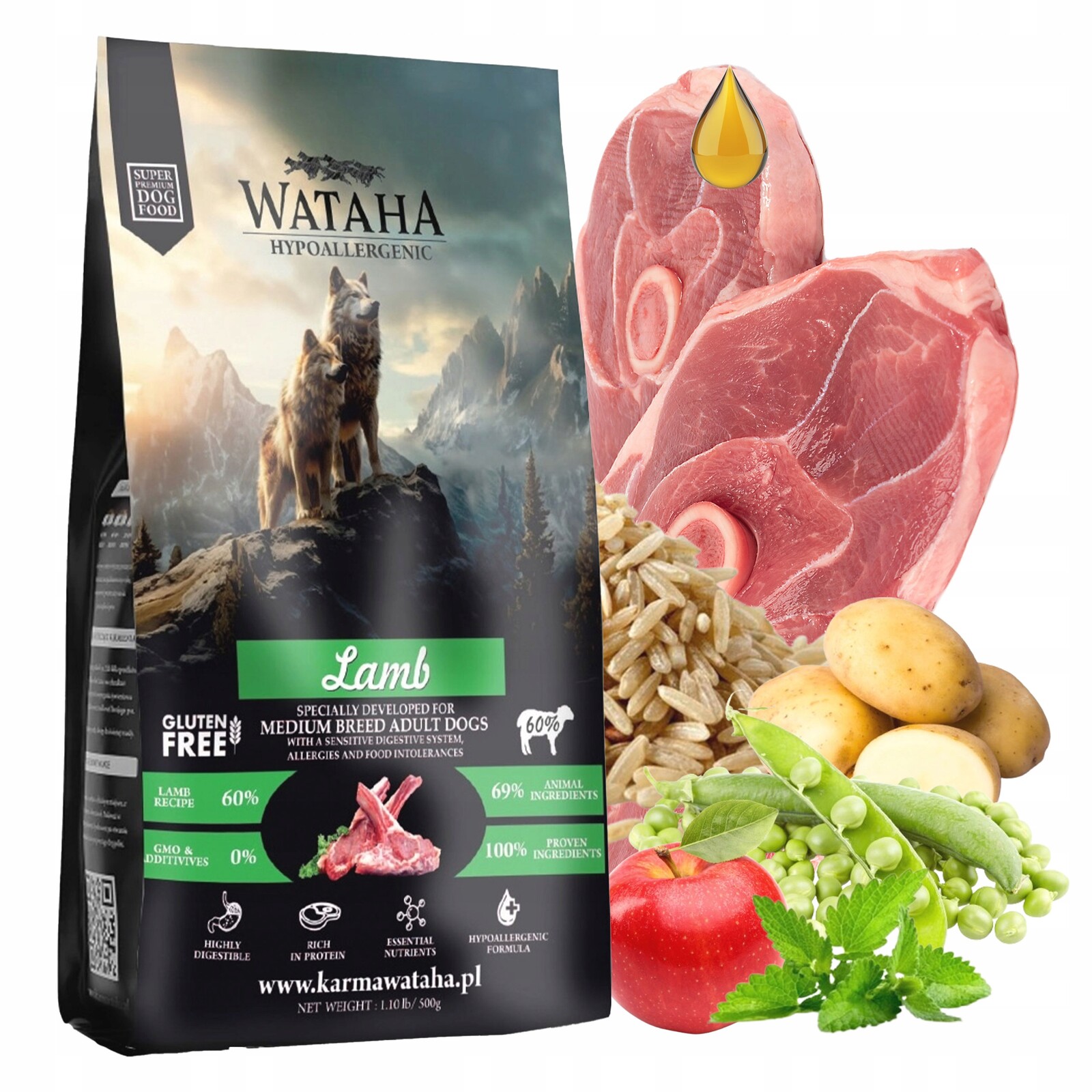 Wataha Střední a velká plemena krmivo pro psy Jehněčí s rýží 2 kg