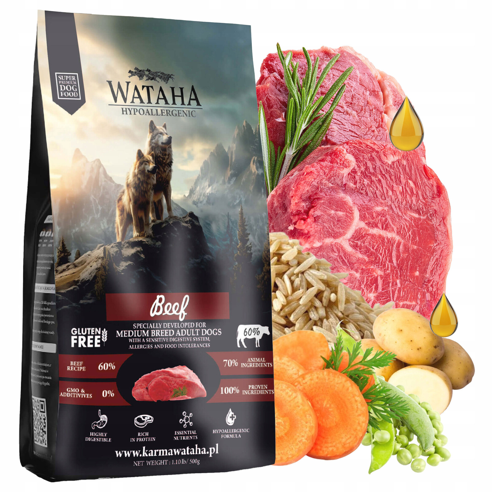 Wataha Středně velká a velká plemena suché krmivo pro psy Hovězí maso s rýží 6 kg