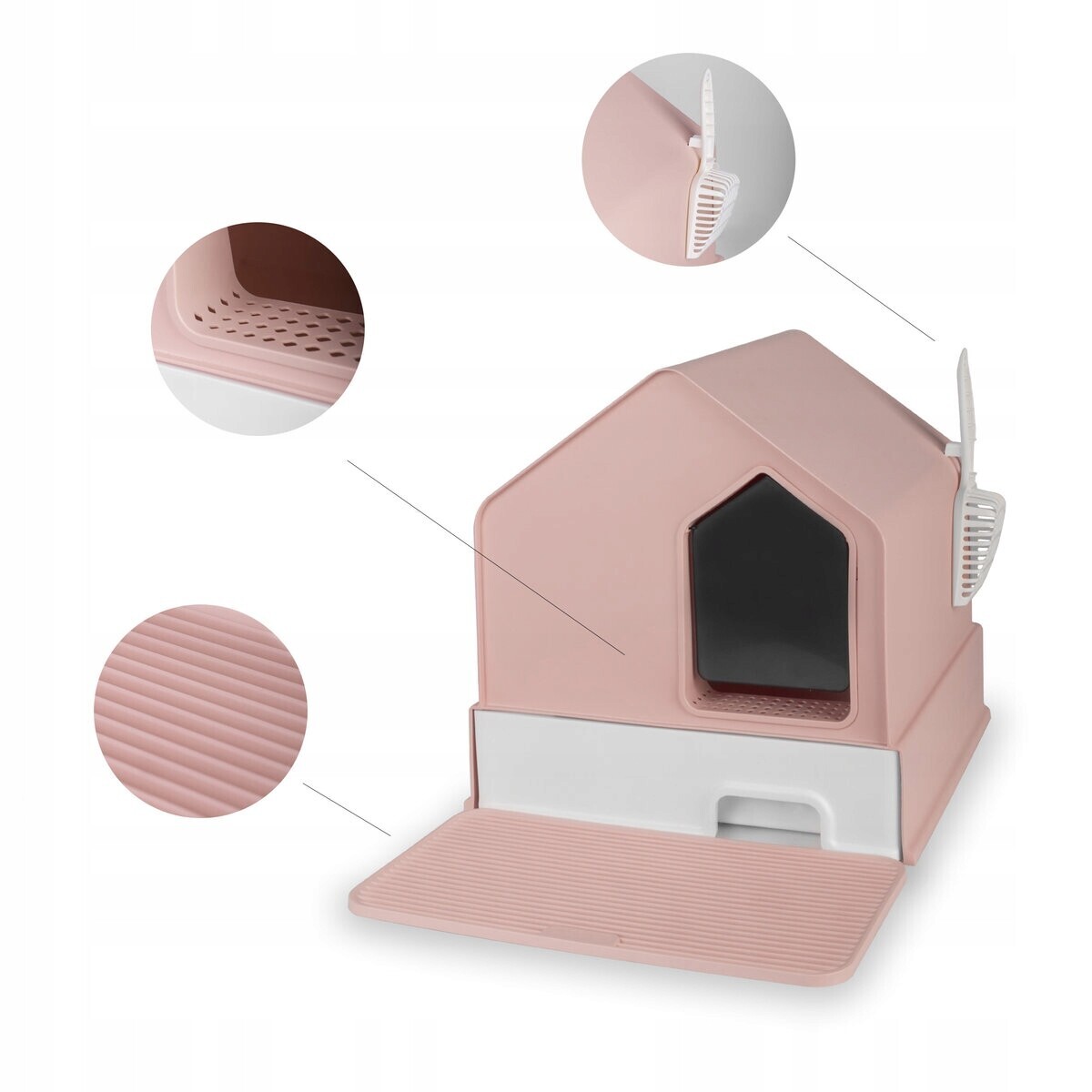 Velká toaleta pro kočky House Carinio uzavřená domeček s rohožkou lopatkou