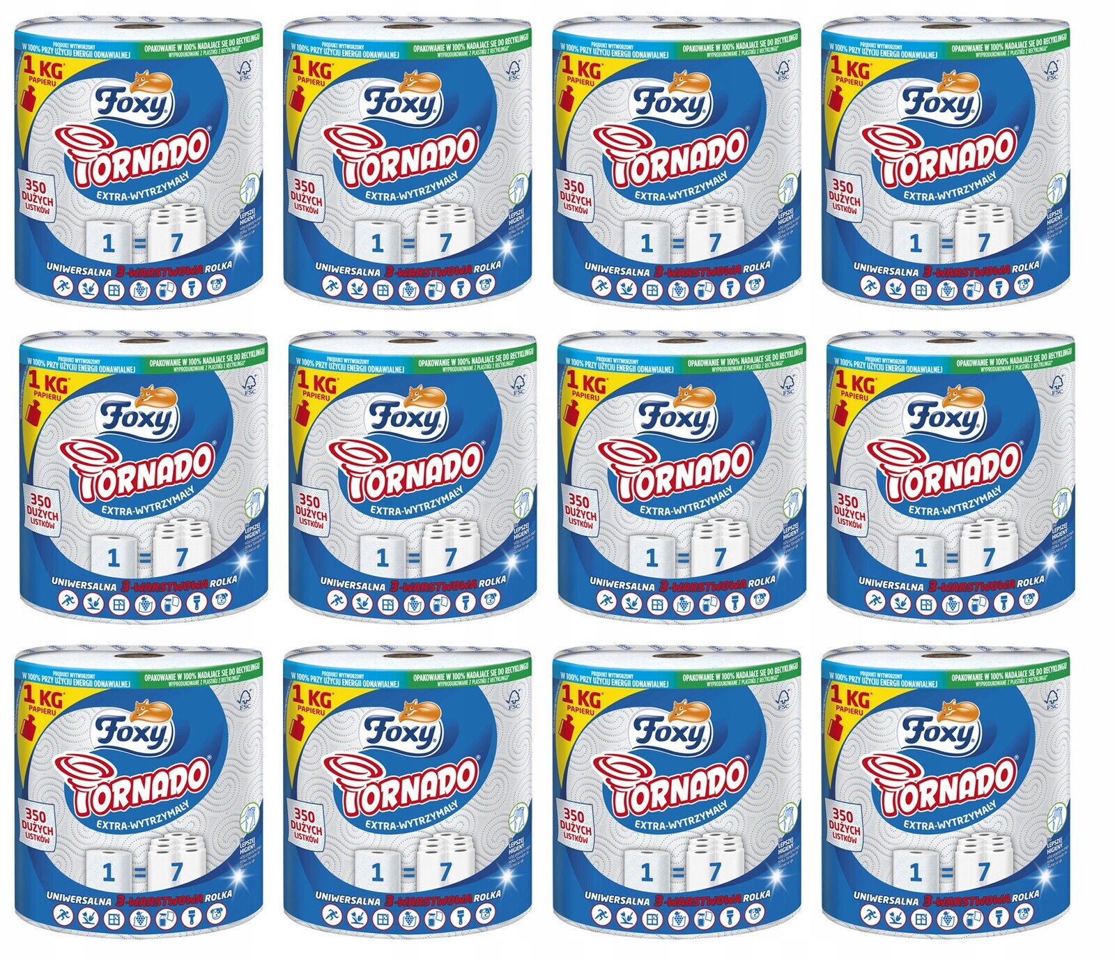Papírový Ručník 350 Listů 3 Vrstvy Savý Foxy Tornádo 12 Rolí