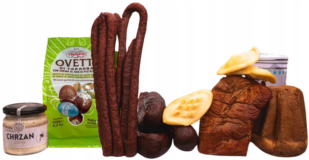 Svěcená uzenina čokoládová vajíčka bábovka do velikonočního košíčku