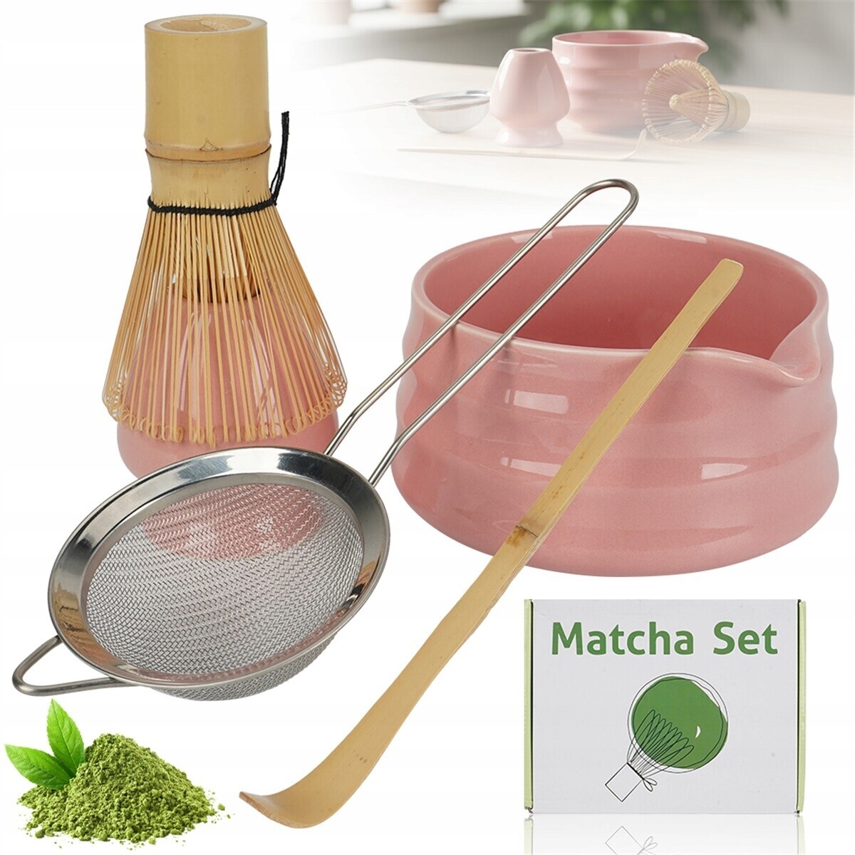 Keramická sada na matcha růžová s podstavcem a sítkem na čaj