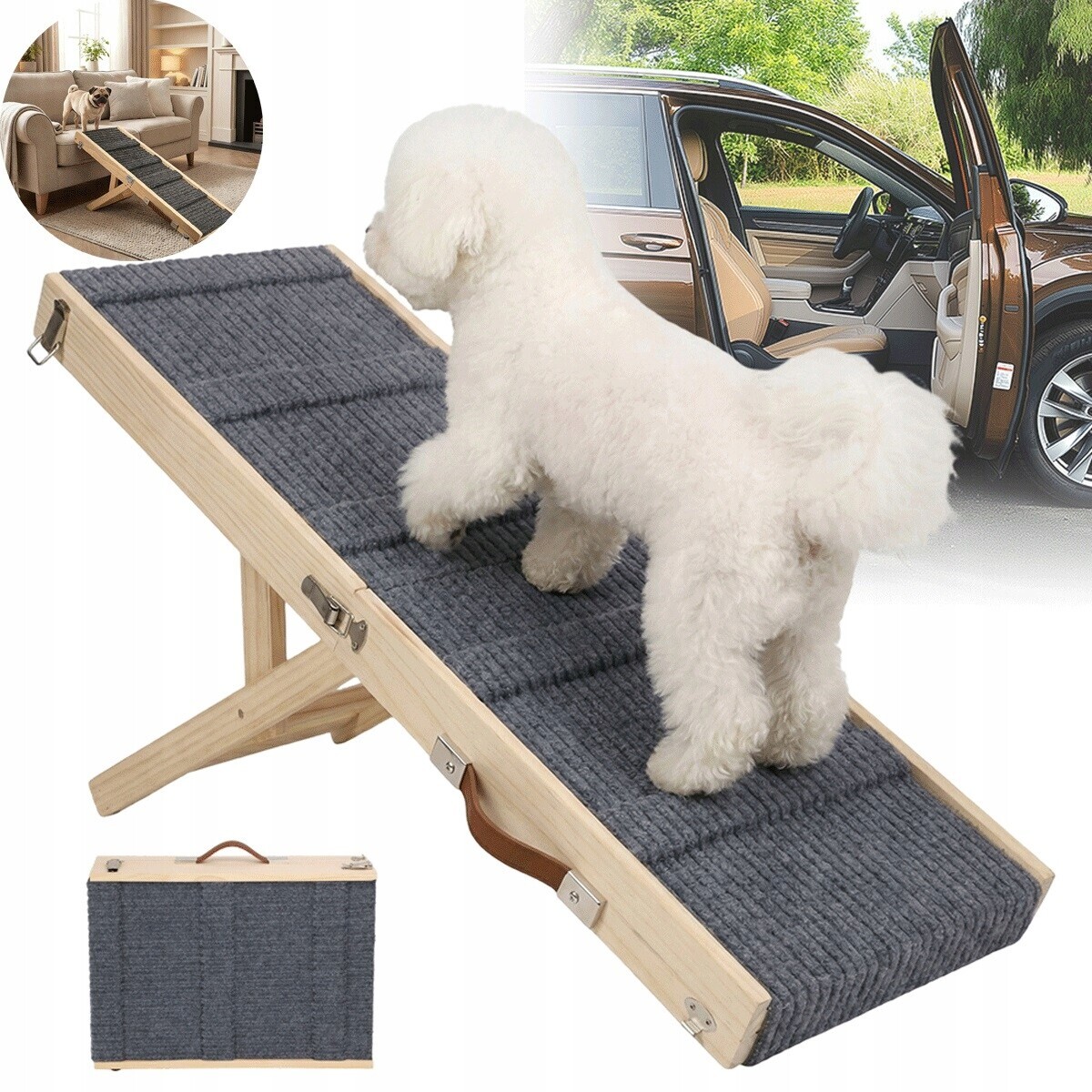 Dřevěná rampa pro psa s nastavitelnou výškou a protiskluzovým povrchem