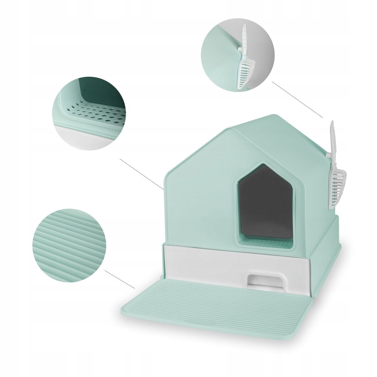 Toaleta pro kočky uzavřená House Carinio s lopatkou a stěračem prostorná