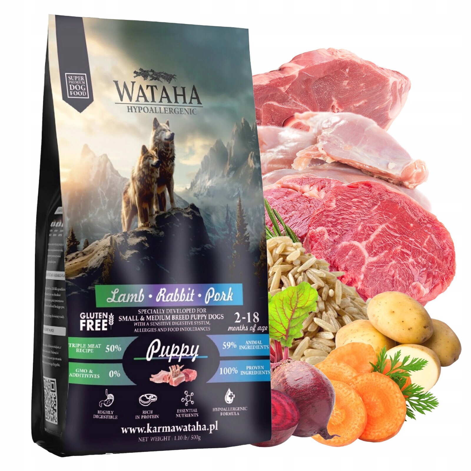 Wataha Malé plemena krmivo pro štěňata Jehněčí králík Vepřová rýže 2 kg