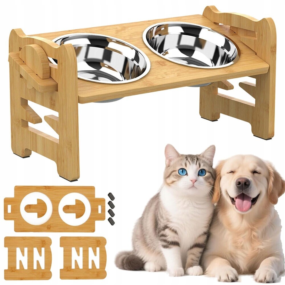 Dřevěný Stojan 2 Misky Z Oceli 15° Inklinace 6 Výška Protiskluzový