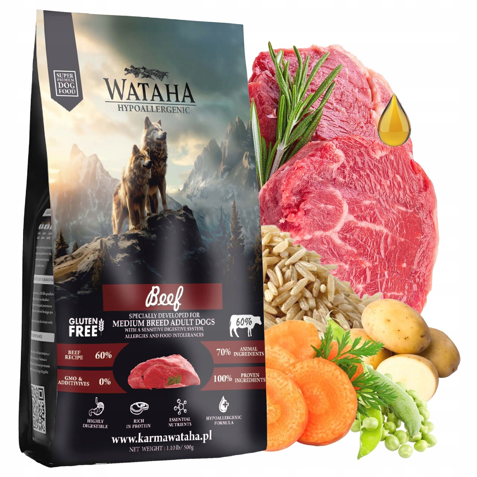 Wataha Středně velká a velká plemena suché krmivo pro psy Hovězí maso s rýží 2 kg