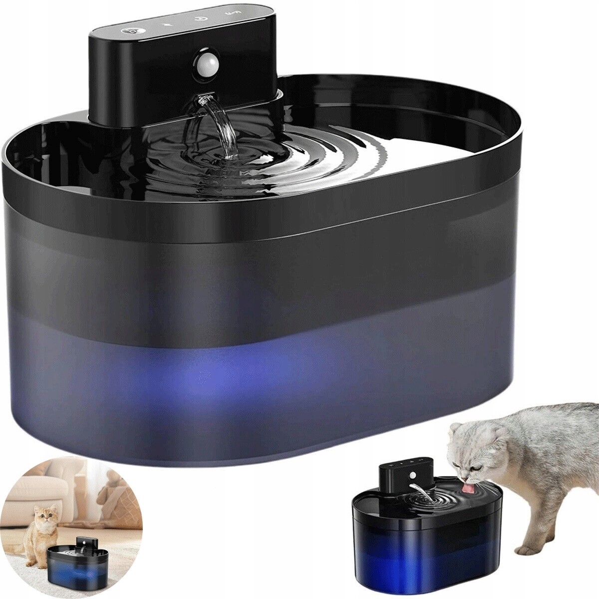 2600 mAh fontána pro kočky 2.2L 3 režimy 4stupňová černá filtrace
