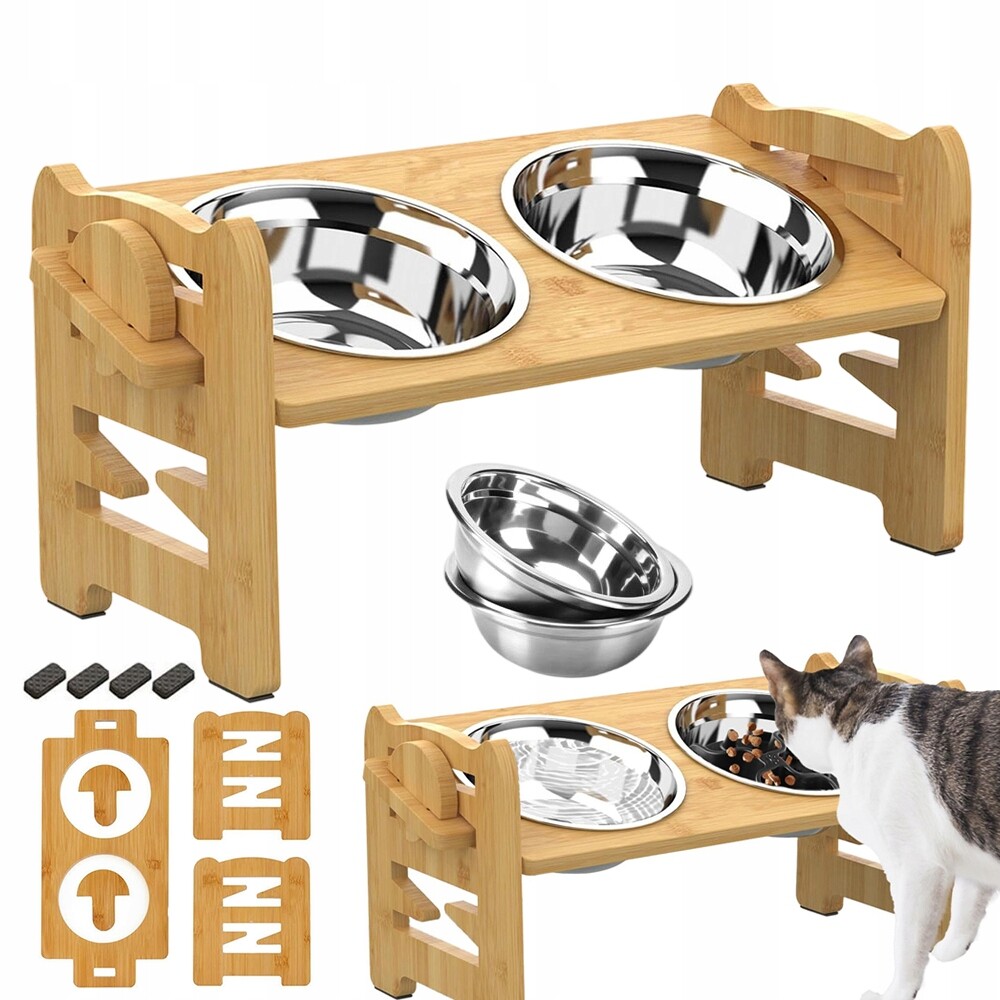 Nastavitelná Základna Pod Misky 15° 6 Poloh Dřevo Pro Malého Psa Kočky