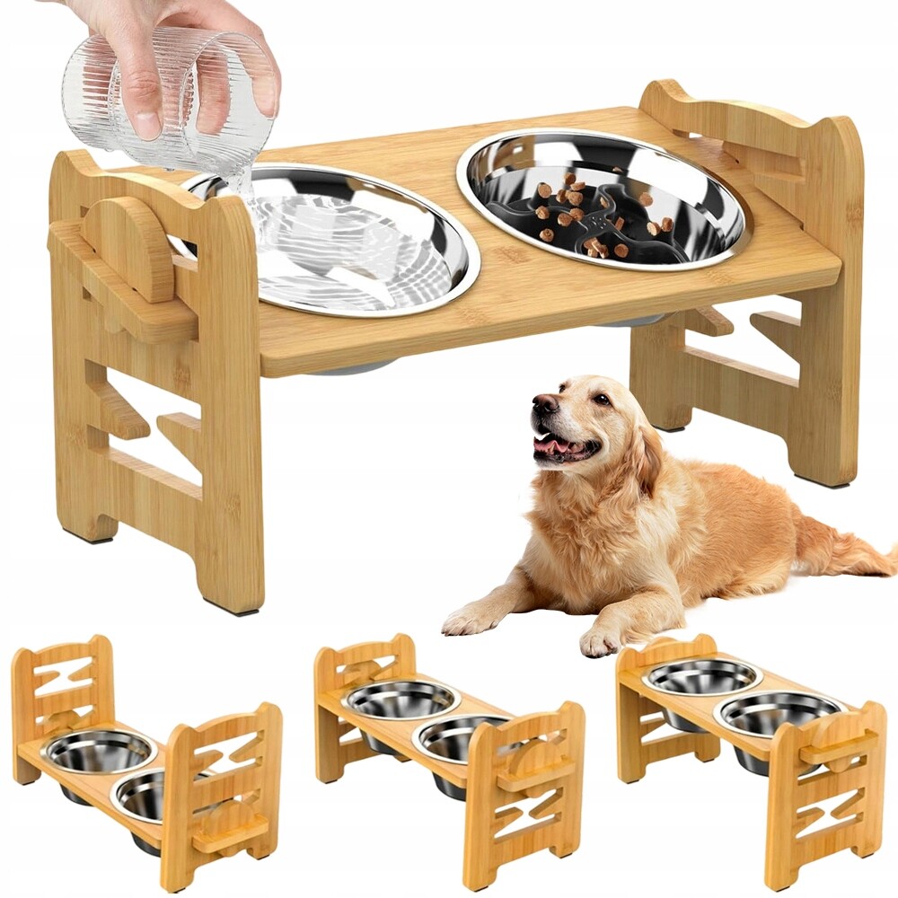 Stojan Na Misky Dvojitý Nastavitelný 42 CM 15° Inklinace Dřevo Ocel