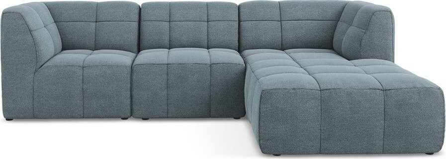 Modrá rohová pohovka z textilie bouclé (pravý roh/s lenoškou) Aloha – Makamii