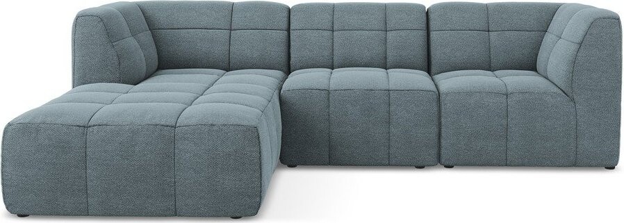 Modrá rohová pohovka z textilie bouclé (levý roh/s lenoškou) Aloha – Makamii