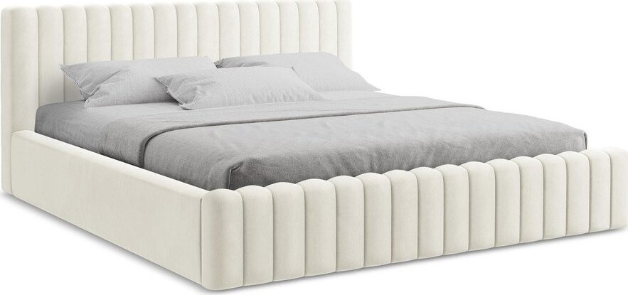 Krémová čalouněná dvoulůžková postel s úložným prostorem s roštem 140x200 cm Lemi – Makamii