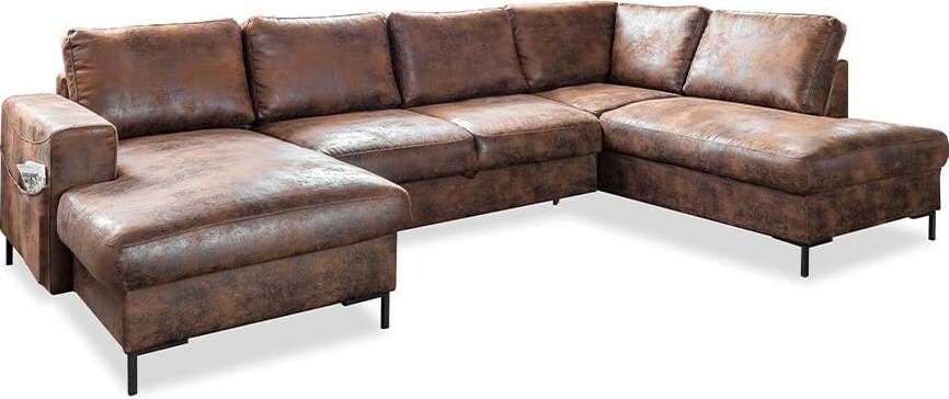 Hnědá rozkládací/s úložným prostorem rohová pohovka z imitace kůže (pravý roh/do 