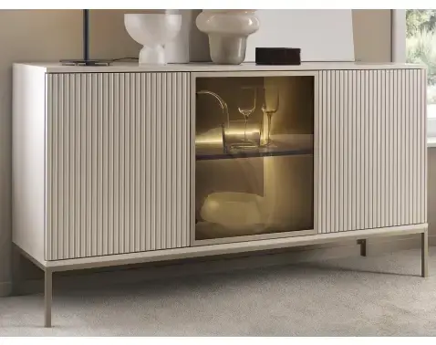 Široká skříňka Sento, kašmírově béžová/šampaň, s osvětlením