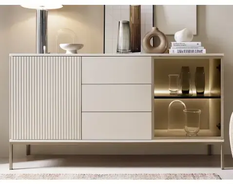 Komoda se zásuvkami Sento, kašmírově béžová/šampaň, s osvětlením