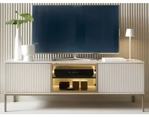 TV skříňka Sento, kašmírově béžová/šampaň, s osvětlením