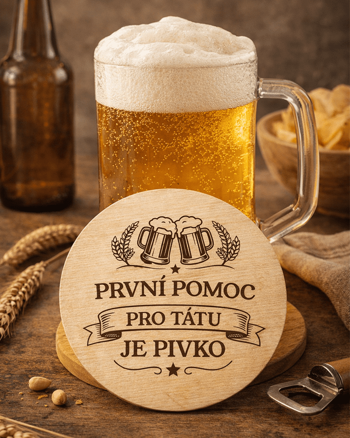 Kulatý dřevěný podtácek První pomoc pivko