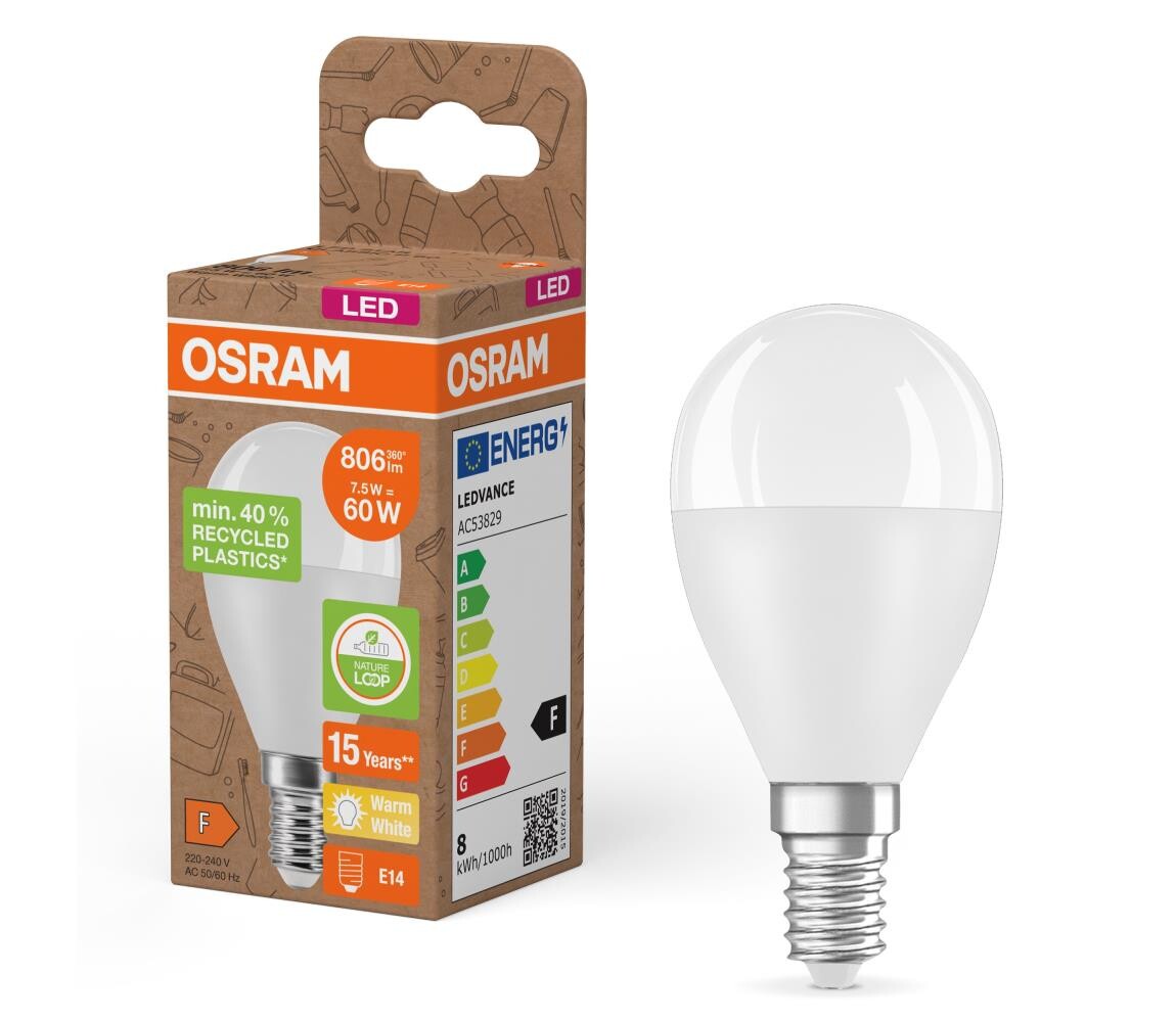 LED Žárovka z recyklovaného plastu P45 E14/7,5W/230V 2700K - Osram 4058075832121