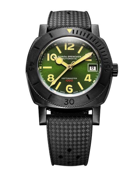 Nivada Grenchen Depthmaster Numerals - Black and Green - Tropic Rubber