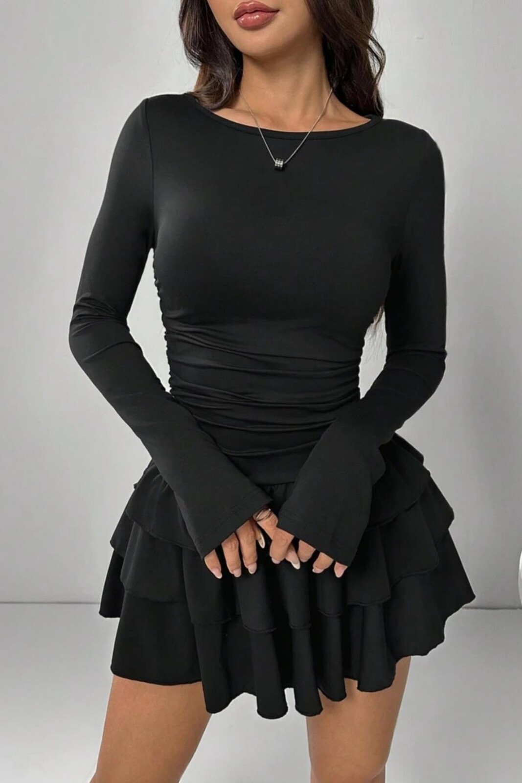 Dewberry Ruffled Layered Mini Šaty - Černé