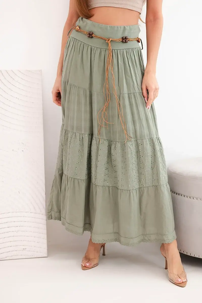 Dámská maxi bavlněná sukně s výšivkou, khaki