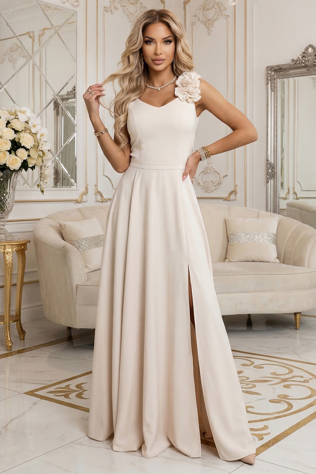 Elegantní večerní maxi šaty s rozparkem a růžemi - béžová