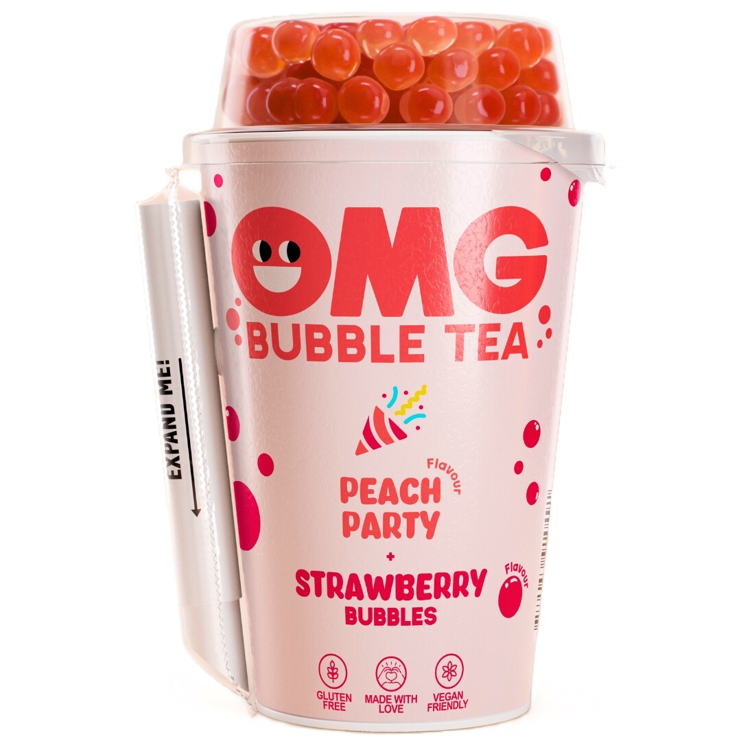 OMG Bubble tea - Broskvový nealkoholický nápoj s jahodovými kuličkami 265 ml