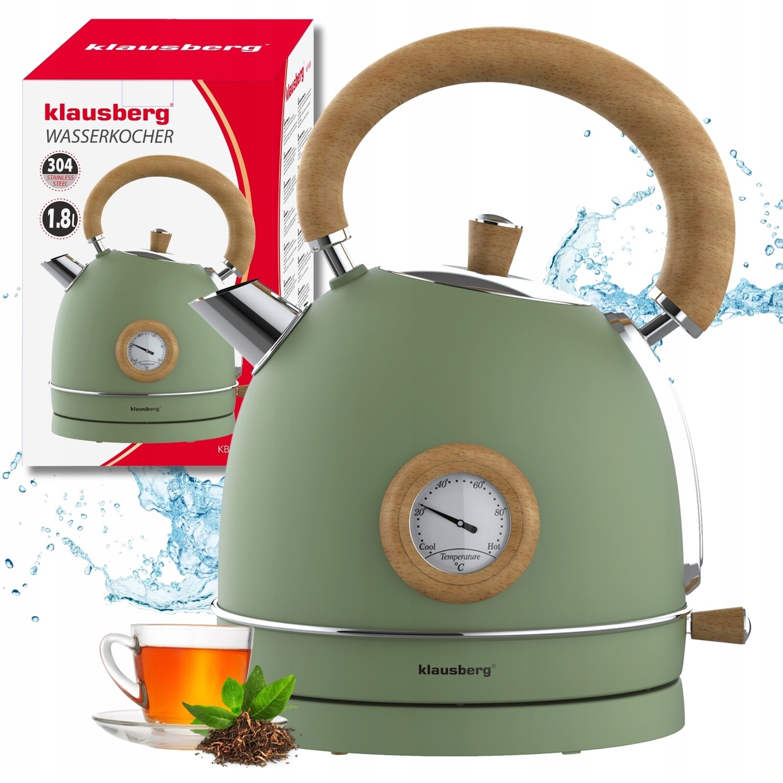 Elektrická varná konvice 1.8L ocel 304 Retro Klausberg KB-9008 Zelená Dřevo