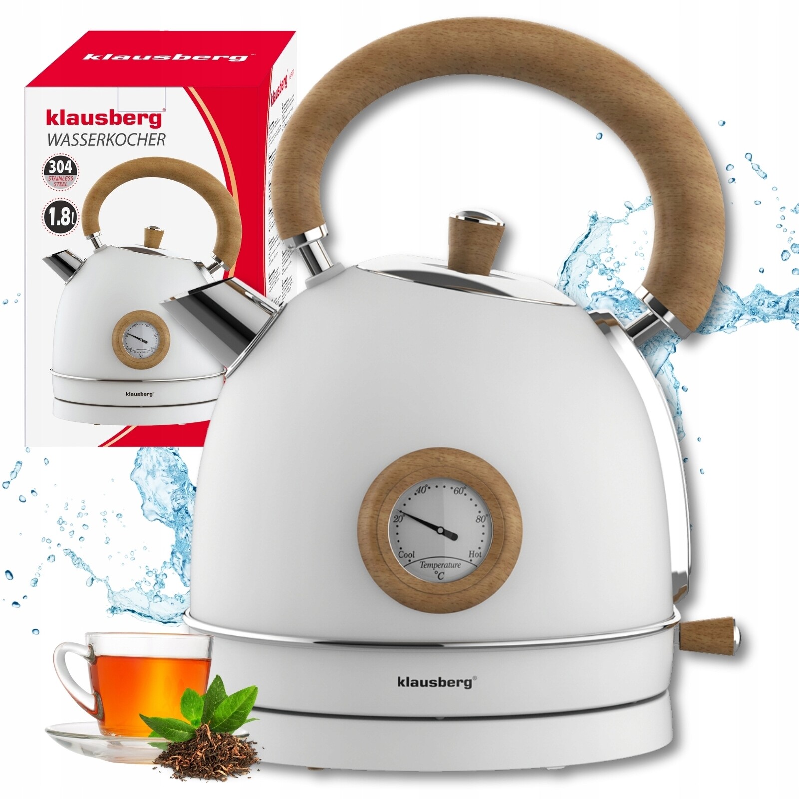 Elektrická varná konvice 1.8L ocel 304 Retro Klausberg KB-9007 Bílá Dřevo
