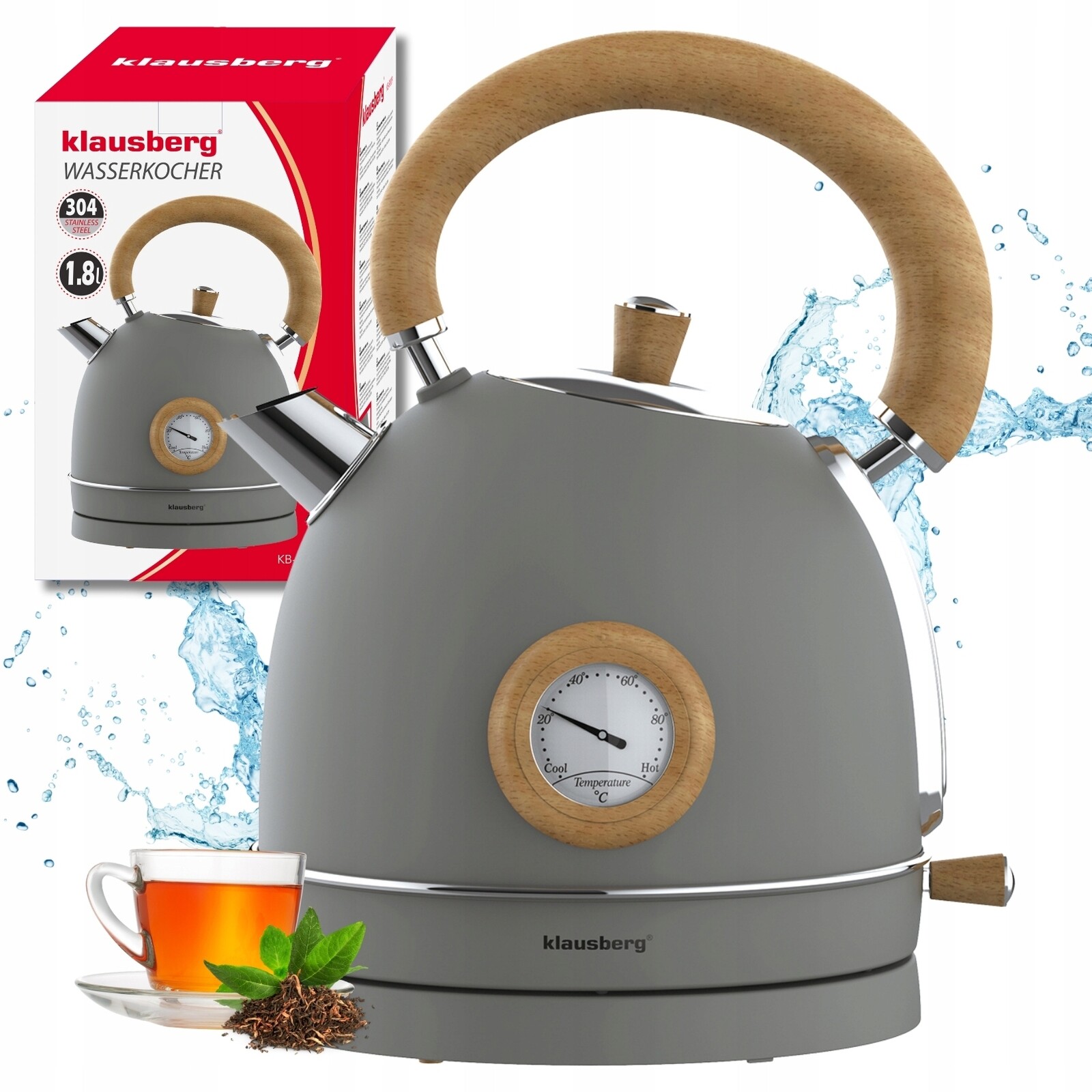 Elektrická varná konvice 1.8L ocel 304 Retro Klausberg KB-9009 Šedá Dřevo