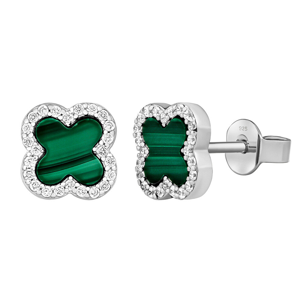 Silvego Stříbrné náušnice čtyřlístek Jonet s přírodním malachitem a Brilliance Zirconia MW02866EG