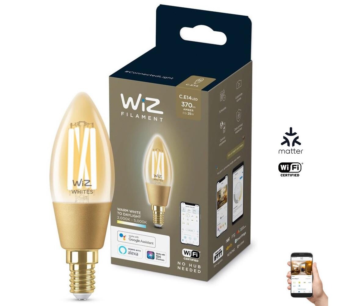 LED Stmívatelná žárovka VINTAGE C35 E14/4,9W/230V 2000-5000K CRI 90 Wi-Fi - WiZ 871869978725702