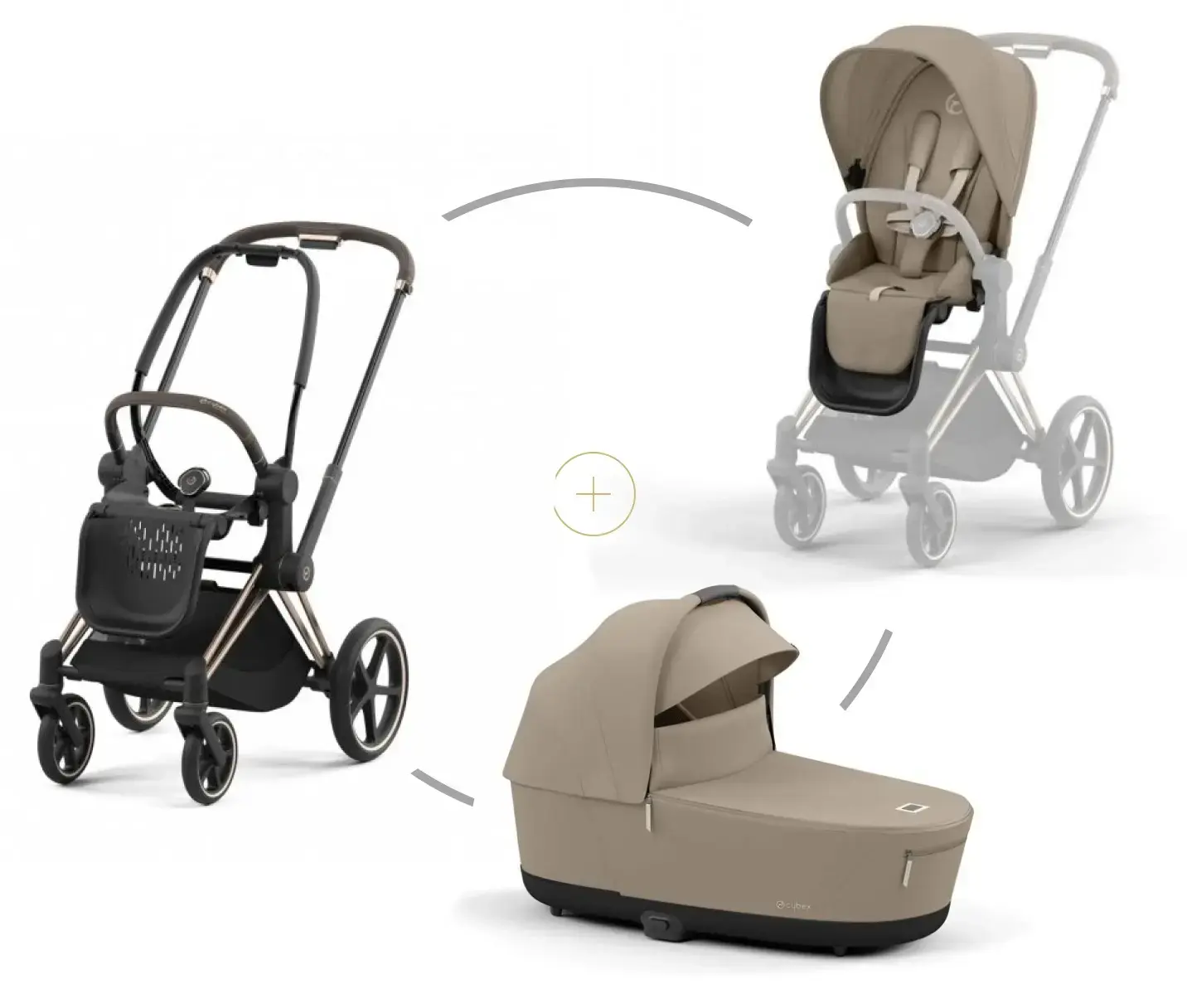 Cybex PRIAM set podvozek Rosegold + korba + potah sezení + Cozy Beige