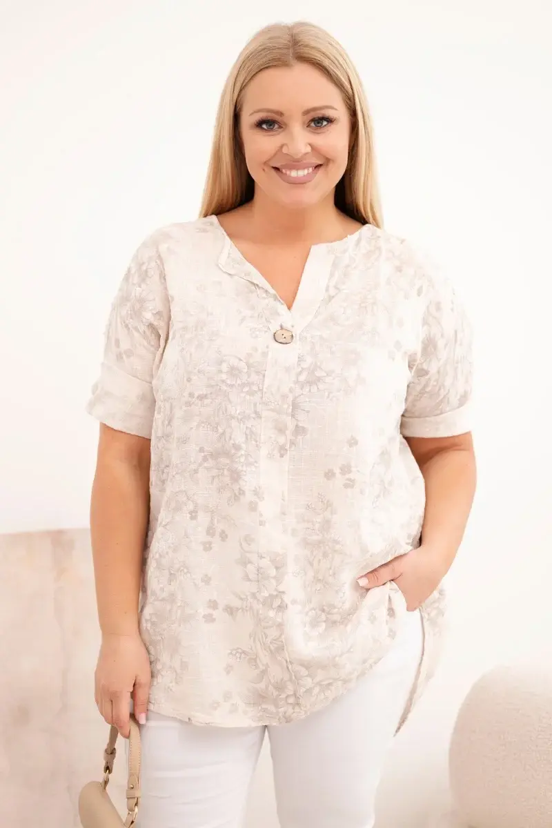 Plus size bavlněná halenka s krátkým rukávem, béžová