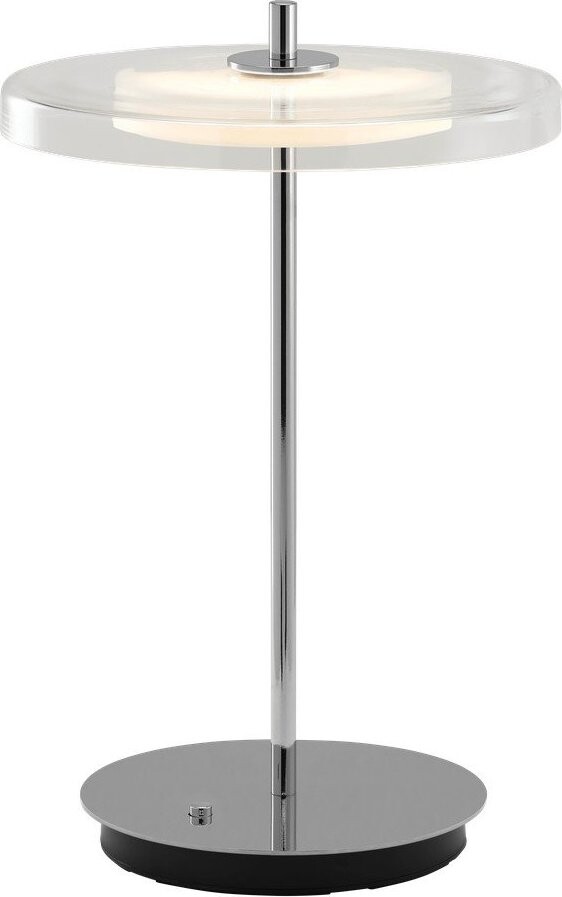 Ocelová LED stolní lampa s USB portem ve stříbrné barvě se skleněným stínidlem (výška 31 cm) Asteria Move – UMAGE