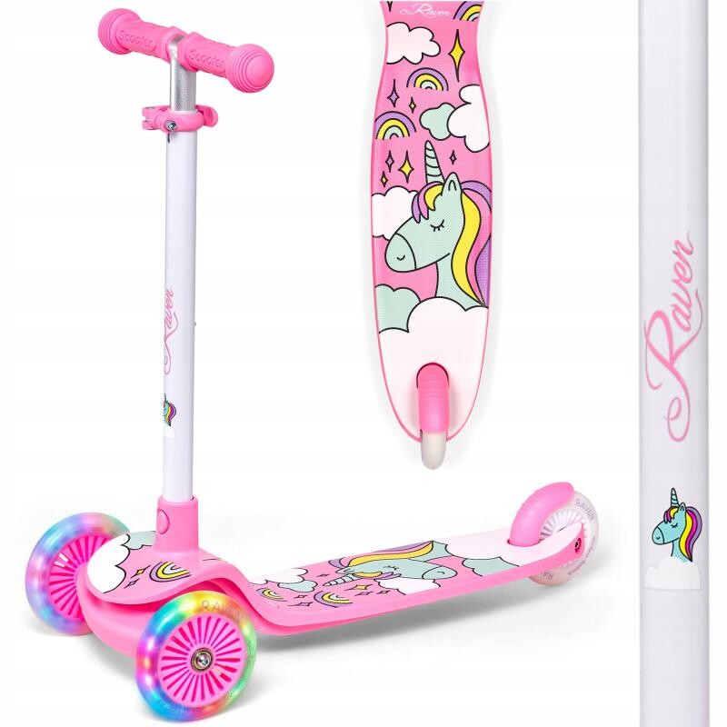 Raven Laviana Unicorn s LED koly white/pink dětská tříkolová koloběžka
