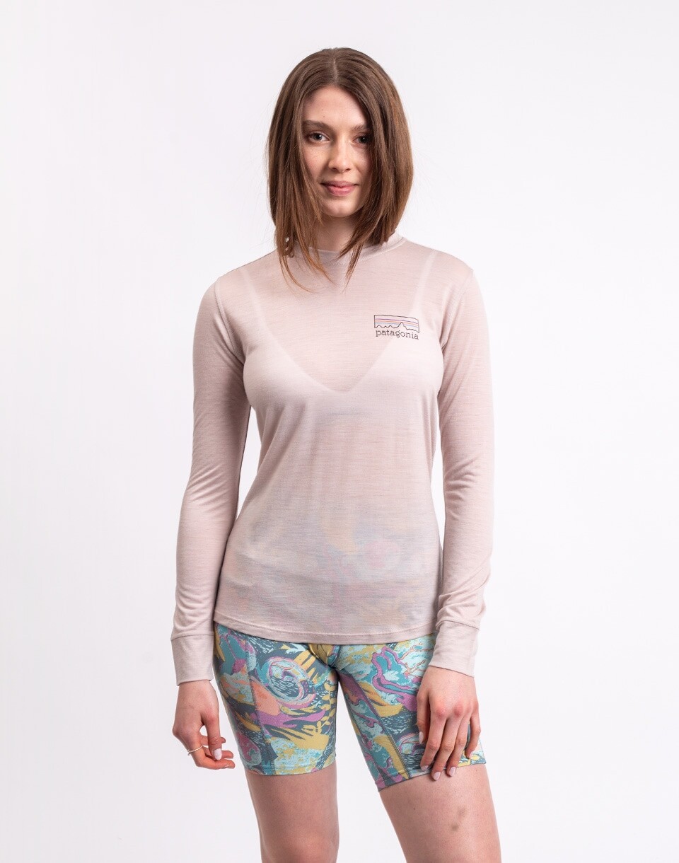Patagonia W's L/S Capilene® Cool Merino Blend Graphic Shirt Fitz Roy Strata: Shroom Taupe XS