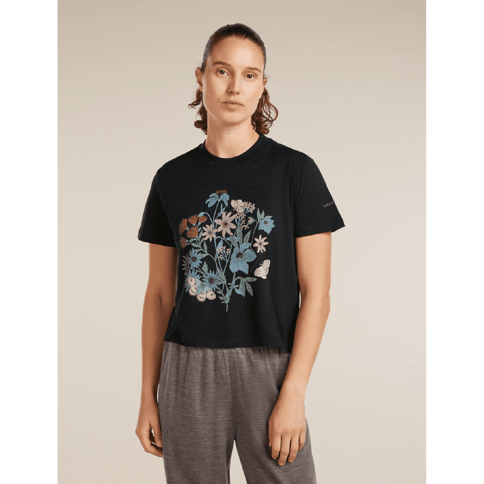 Dámské triko Icebreaker Merino 150 Tech Lite SS Crop Tee NZ Flora Velikost: S / Barva: černá
