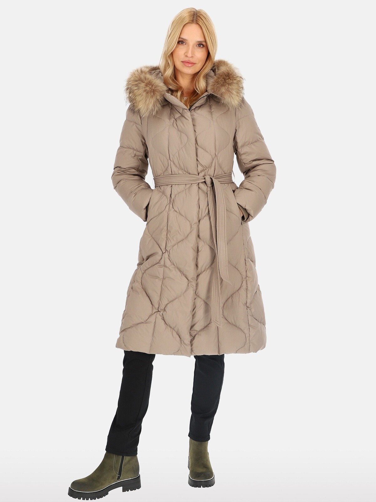 PERSO Woman's Women's long tied real down coat with raccoon fur ,  color