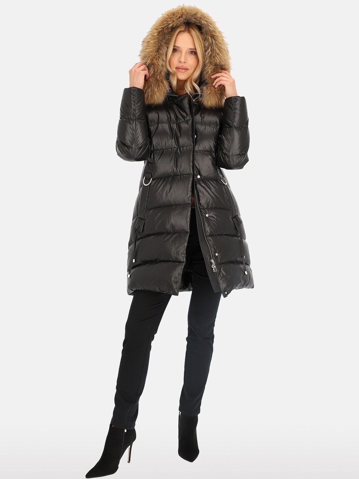 PERSO Woman's Women's long quilted jacket with natural raccoon fur, color