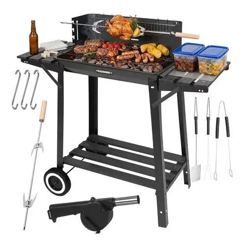 Zahradní gril na dřevěné uhlí s horním roštem pro rožnení
