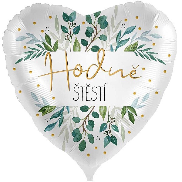 Balónek fóliový český nápis Srdce Hodně štěstí Listy 43 cm