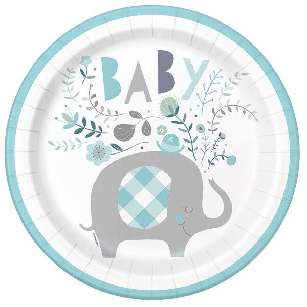 Baby shower Slůně Talířky papírové modrý 23 cm 8 ks