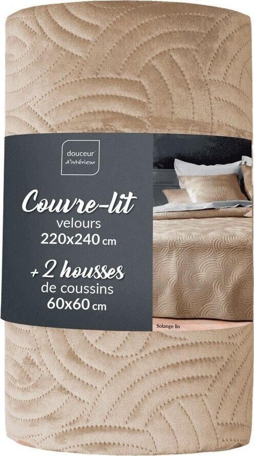 Béžový sametový set přehozu a povlaku na polštář 220x240 cm Solange – douceur d'intérieur